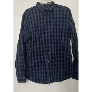 Alfani Slim Fit Stretch Mens Blue Black Buffalo Check Button Down Shirt Large